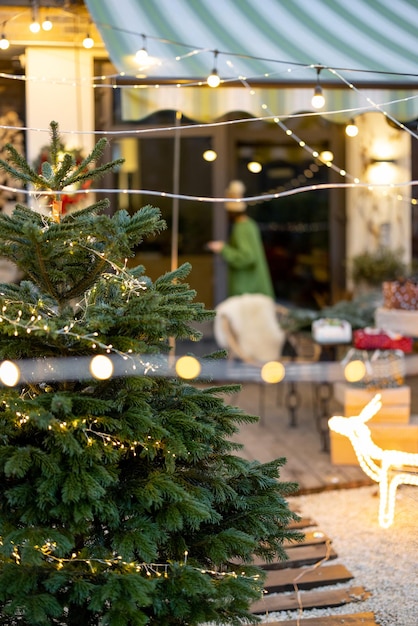 New years decorated backyard with christmas tree and woman