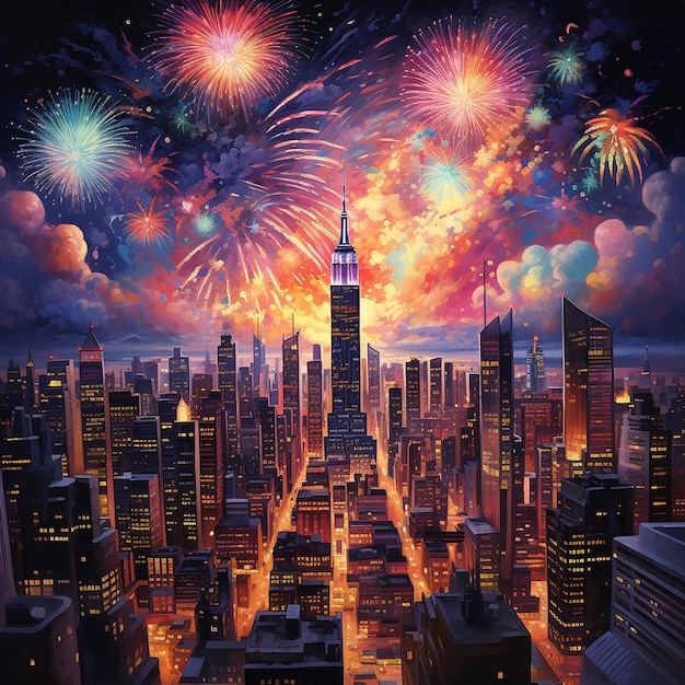 New Years Eve fireworks display in a big city at night