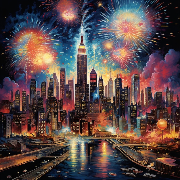 New Years Eve fireworks display in a big city at night