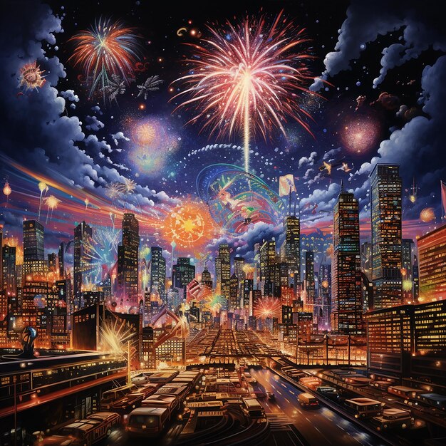 New Years Eve fireworks display in a big city at night