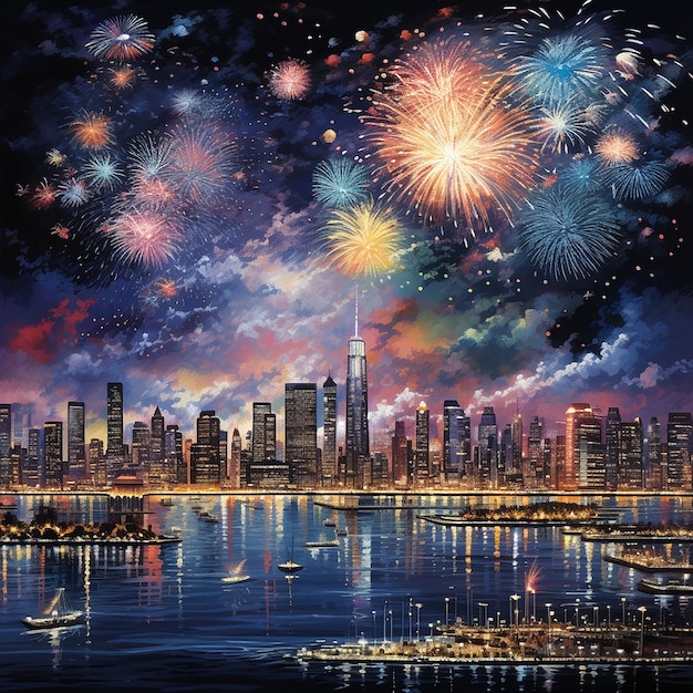 New Years Eve fireworks display in a big city at night