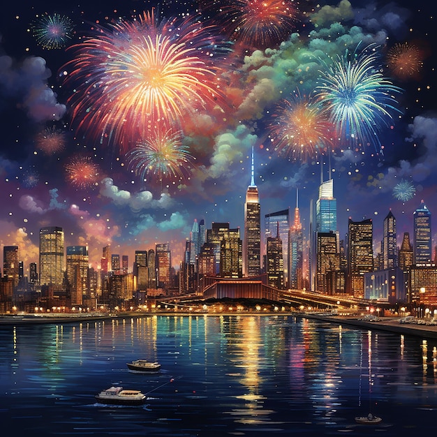 New Years Eve fireworks display in a big city at night