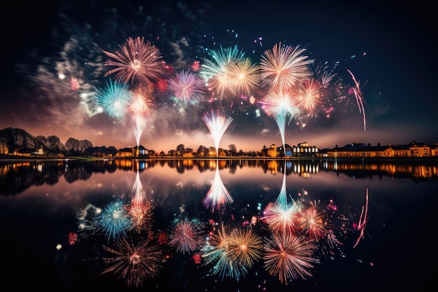 New Years Eve Fireworks Reflection Shows Fireworks Reflected In Body Of Water