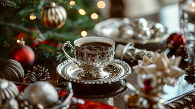 The New Years festive table is decorated with shiny Christmas tree decorations a lot