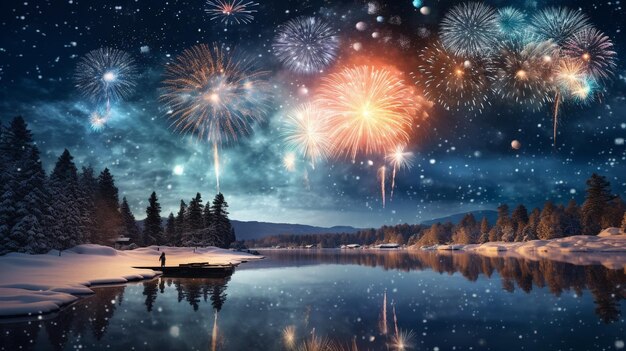 Photo new years fireworks over a snowy landscape