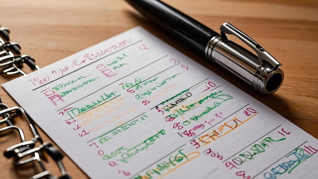 Photo a new years resolution list and calendar on a desk signifying planning and personal growth