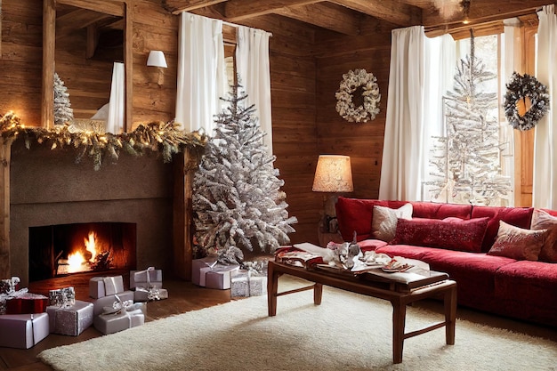 New years room with red sofa and burning fireplace and decorated with toys with gifts