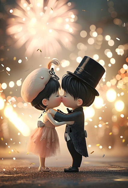 New Years Smooch Adorable 3D Characters Celebrating