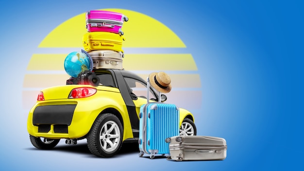 New yellow car with globe, camera, multicolored suitcases on roof and two standing nearby with hat