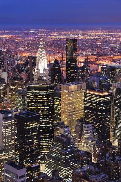 New York City Manhattan skyline aerial view at dusk