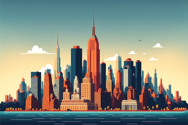 New York city skyline Digital art style illustration painting Cartoon style of New York city