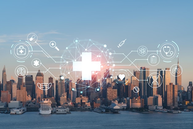 New York City skyline from New Jersey over Hudson River Midtown Manhattan skyscrapers at sunset USA Health care digital medicine hologram The concept of treatment and disease prevention