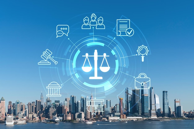 New York City skyline from New Jersey over the Hudson River towards the Hudson Yards at day Manhattan Midtown Glowing hologram legal icons The concept of law order regulations digital justice