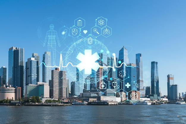 New York City skyline from New Jersey over the Hudson River towards the Hudson Yards at day Manhattan Midtown Health care digital medicine hologram The concept of treatment and disease prevention