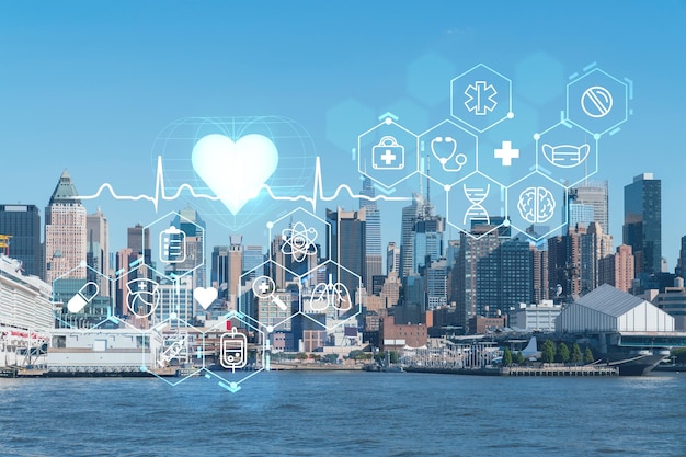 New York City skyline from New Jersey over the Hudson River towards Midtown Manhattan at day time Health care digital medicine hologram The concept of treatment and disease prevention