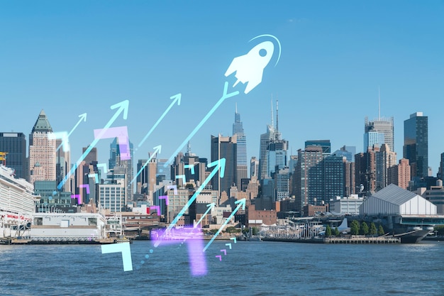 New York City skyline from New Jersey over the Hudson River towards Midtown Manhattan at day time Startup company launch project to seek and develop scalable business model hologram