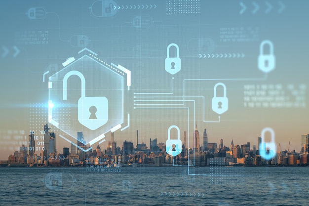 New York City skyline from New Jersey over Hudson River with Hudson Yards skyscrapers at sunset Manhattan Midtown The concept of cyber security to protect confidential information padlock hologram