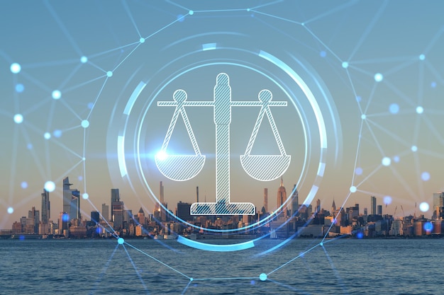 New York City skyline from New Jersey over Hudson River with Hudson Yards skyscrapers at sunset Manhattan Midtown Hologram legal icons The concept of law order regulations digital justice