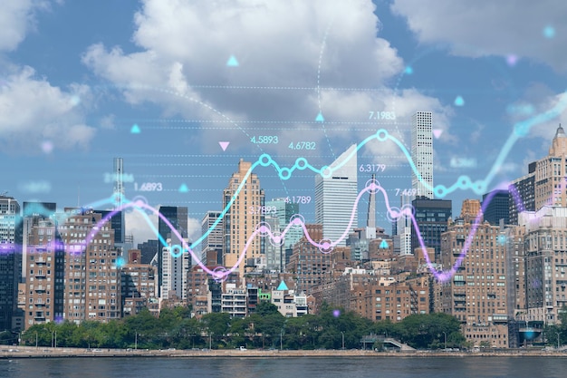 New York City skyline from Roosevelt Island over East River towards skyscrapers of Midtown Manhattan day time Forex candlestick graph hologram The concept of internet trading brokerage analysis