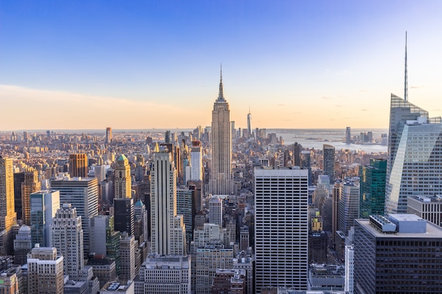 New York City Skyline in Manhattan downtown with skyscrapers at sunset USA