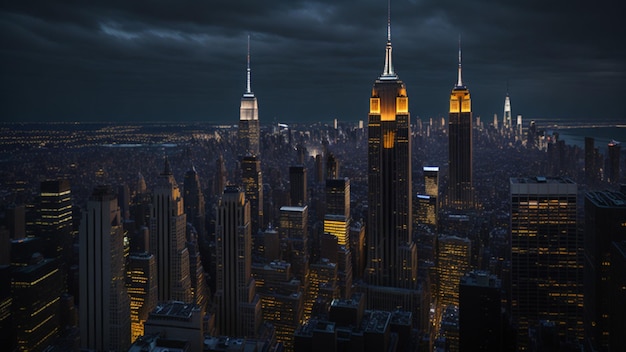 New York City skyline at sunset with Empire State Building and skyscrapers