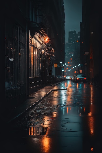 New York city street at night wet street AIGenerated