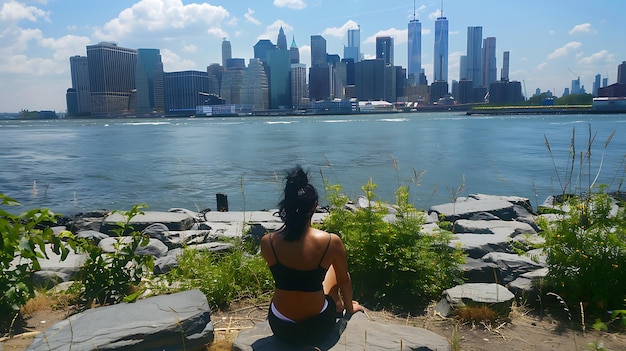 Photo new york city woman enjoying summer skyline view from brooklyn park