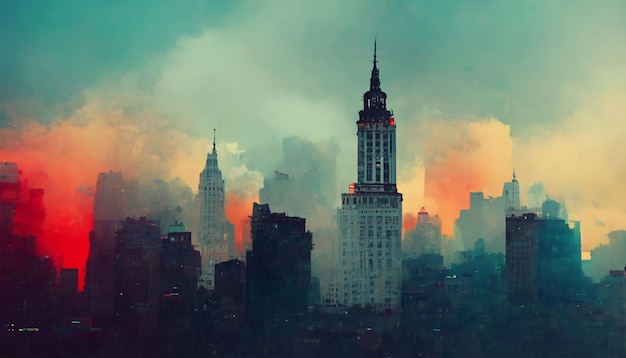 New york cityscape night buildings street cloudy sky