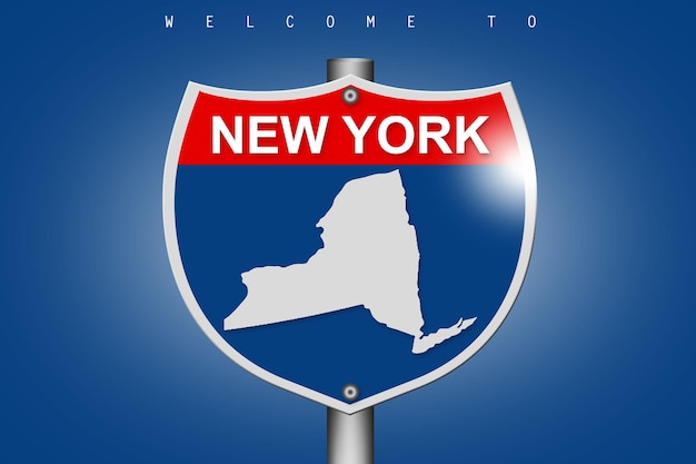 New York map on highway road sign over blue background