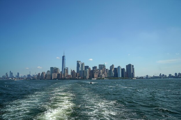 New york view cityscape from hudson river liberty island