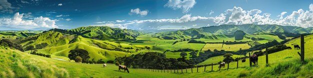 Photo new zealand farm panoramic landscape of green hills on northern island with grazing cows