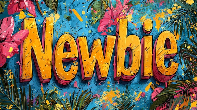 Newbie text in bold yellow letters surrounded by tropical plants and paint