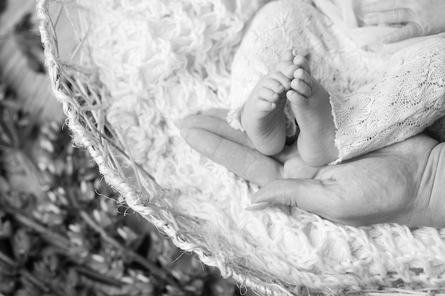 Newborn baby feet in mother hands Mother holding legs of the kid in hands Close up image