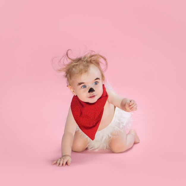 Newborn baby girl wearing a Halloween costume on pink studio background