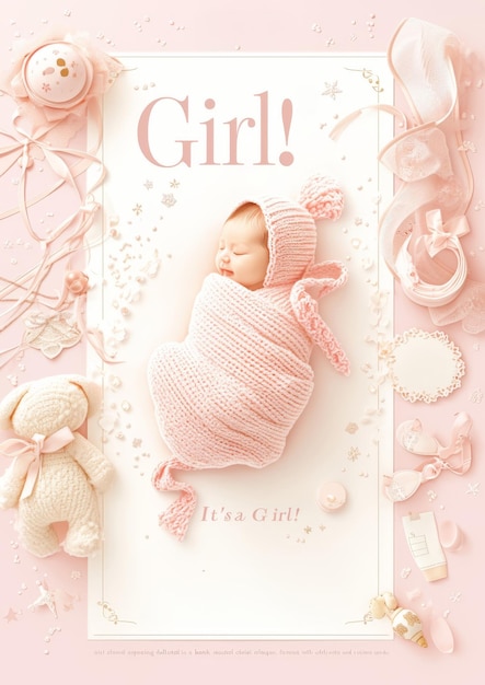 Newborn Baby Girl with Knitted Outfit and Its a Girl