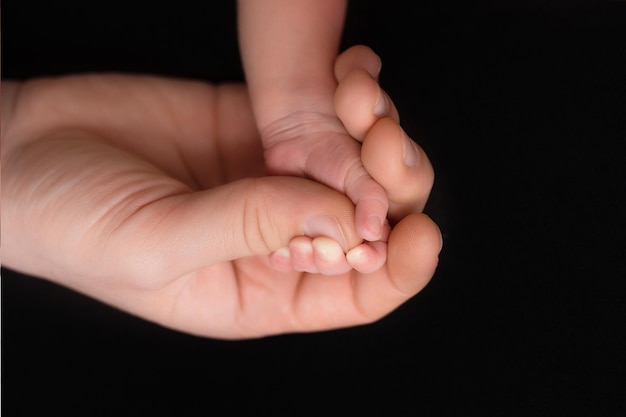 newborn baby holds mom's finger. hand of a newborn baby