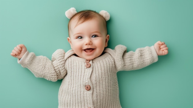 Photo newborn baby lies on a soft pastel blanket looking up at the camera with a big joyful smile