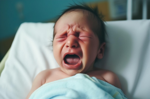 Newborn baby lying in the hospital and crying Healthcare and childbirth concept Generative ai