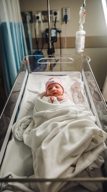 Photo newborn baby in the medical box at the hospital