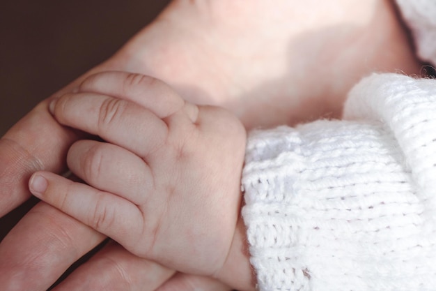 Newborn baby and mother holding hands together Parental care