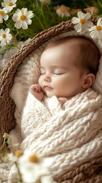 Newborn Baby Sleeping Peacefully in Woven Basket