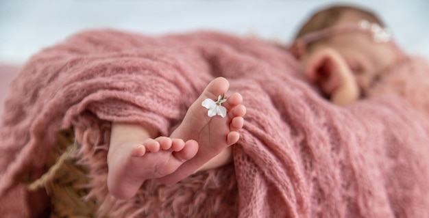 Photo newborn baby sleeping on a pink background