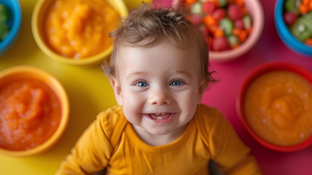 Newborn baby smile in front of colorful bowls of food