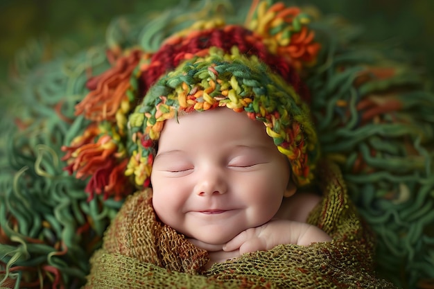 Newborn baby smiling wearing colorful knit hat