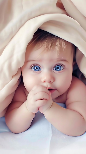 A newborn baby with beautiful blue eyes