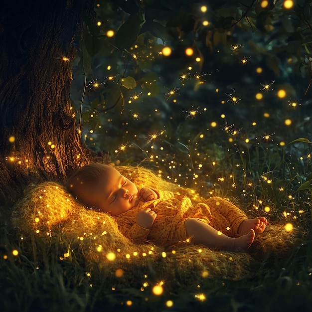 Newborn Baby with Fireflies in a Jungle Clearing