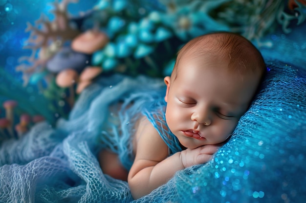 Newborn boy 3D deep blue ocean backdrop close up serene underwater scene detailed textures