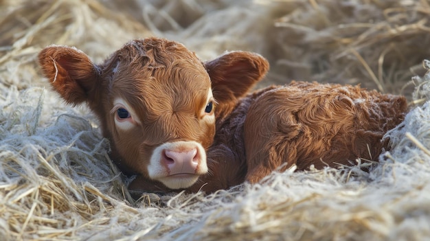 Photo a newborn calf resting in a bed of straw