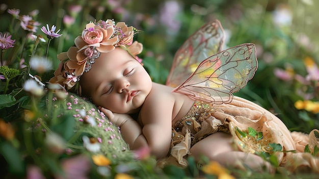 Photo newborn dressed as a tiny fairy sleeping in a bed of flowers with a magical forest backdrop