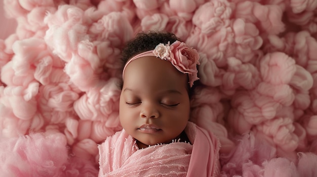 Newborn girl 3D pink clouds backdrop close up soft lighting detailed texture serene expression